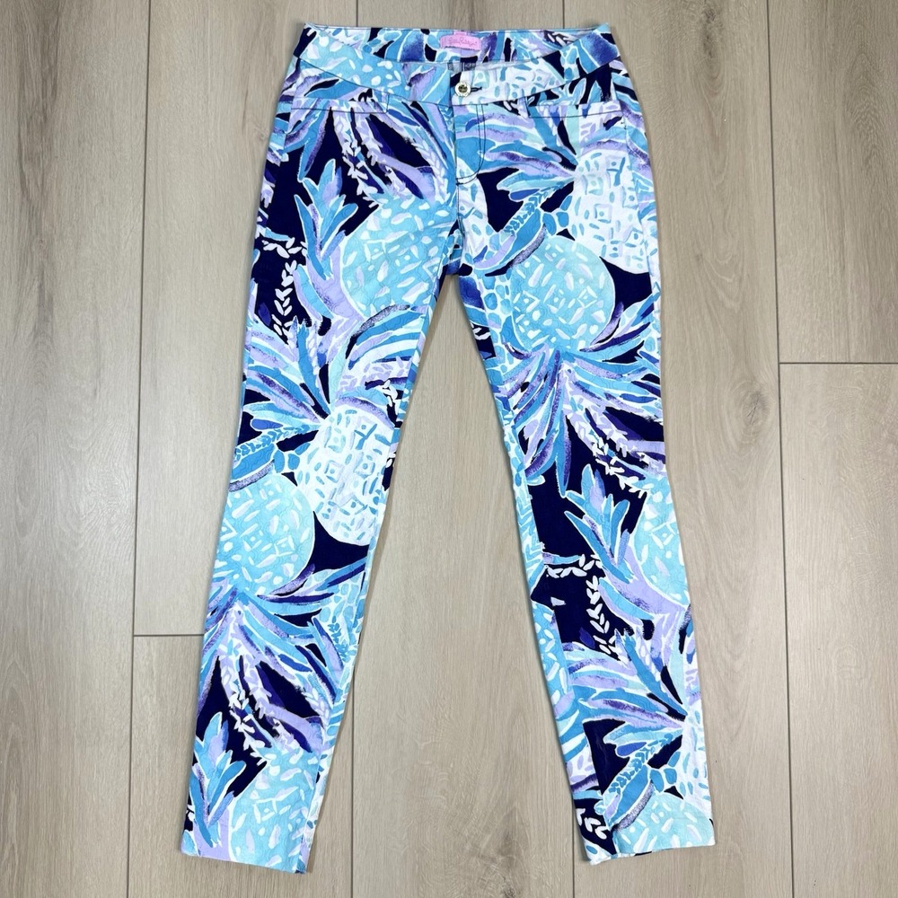 Lilly Pulitzer Blue Print Skinny Pants Women's 0 Pineapple Pattern Stretch 28x5.